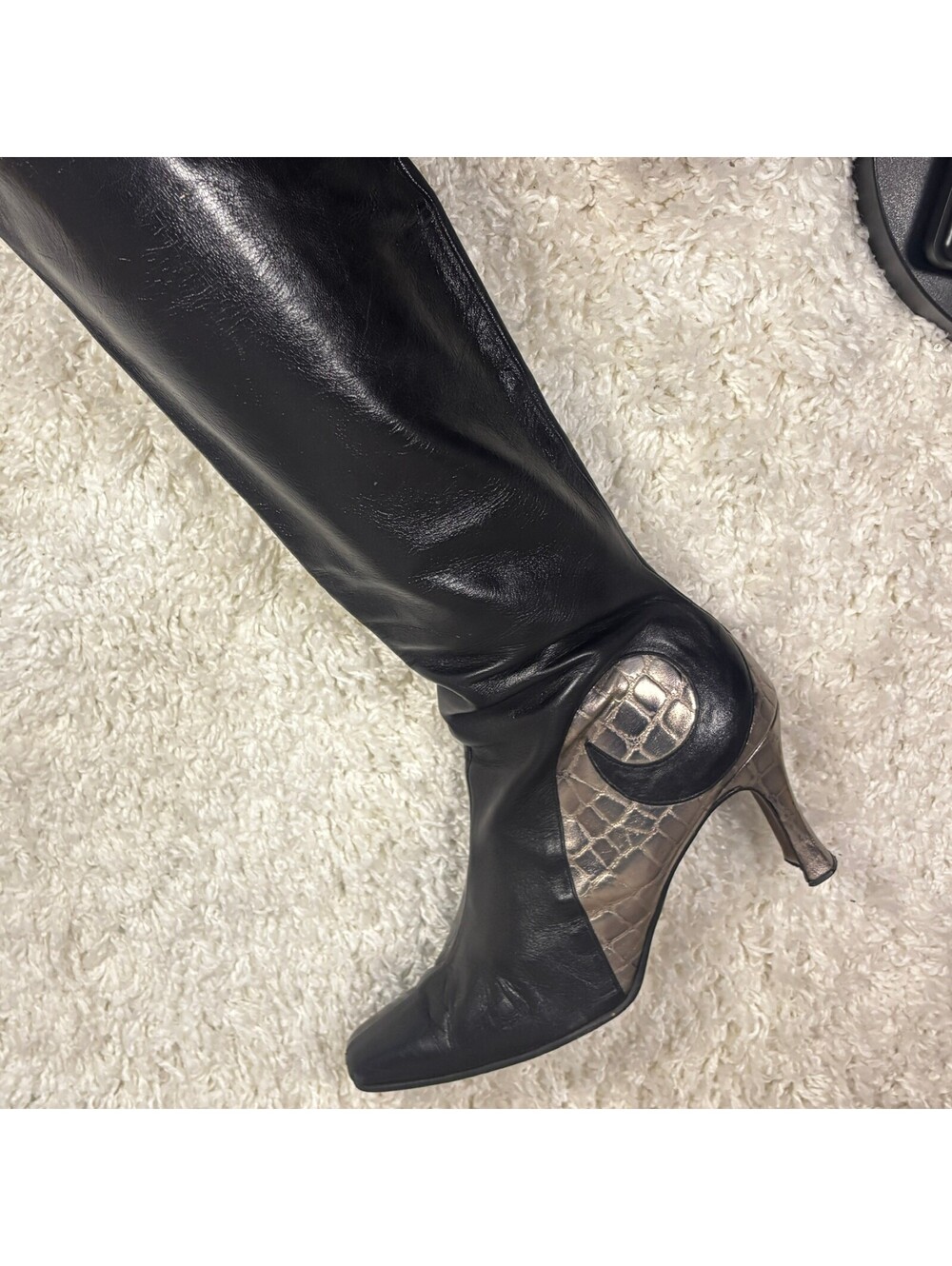 Judi Z Genuine Leather Knee High Boots Black Croc Heel Square Toe Size 9 10